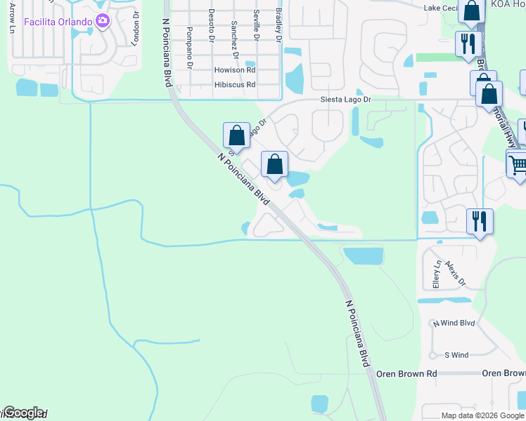 map of restaurants, bars, coffee shops, grocery stores, and more near 5005 Laguna Bay Circle in Kissimmee