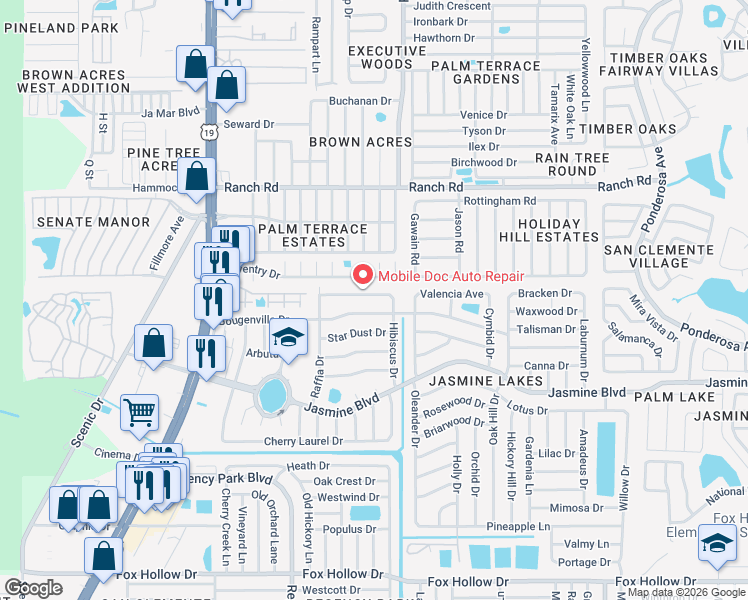 map of restaurants, bars, coffee shops, grocery stores, and more near 7418 Sea Grape Avenue in Port Richey