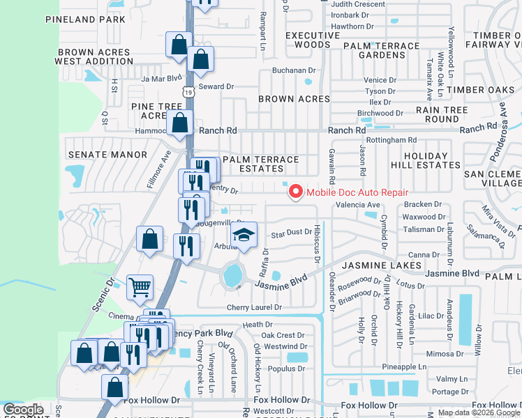 map of restaurants, bars, coffee shops, grocery stores, and more near 10639 Raffia Drive in Port Richey