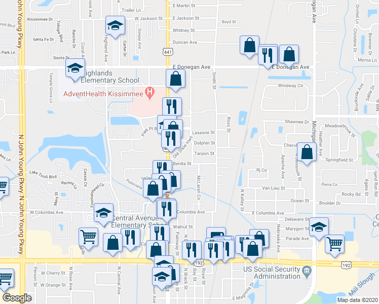 map of restaurants, bars, coffee shops, grocery stores, and more near 2320 North Brack Street in Kissimmee