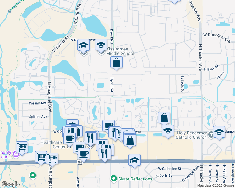 map of restaurants, bars, coffee shops, grocery stores, and more near 2351 Pine Brook Drive in Kissimmee
