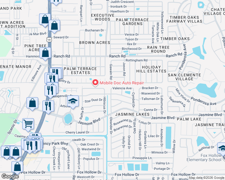map of restaurants, bars, coffee shops, grocery stores, and more near 10704 Oleander Drive in Port Richey