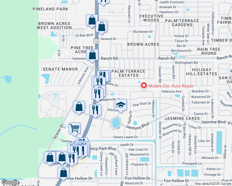 map of restaurants, bars, coffee shops, grocery stores, and more near 10706 Parliament Court in Port Richey