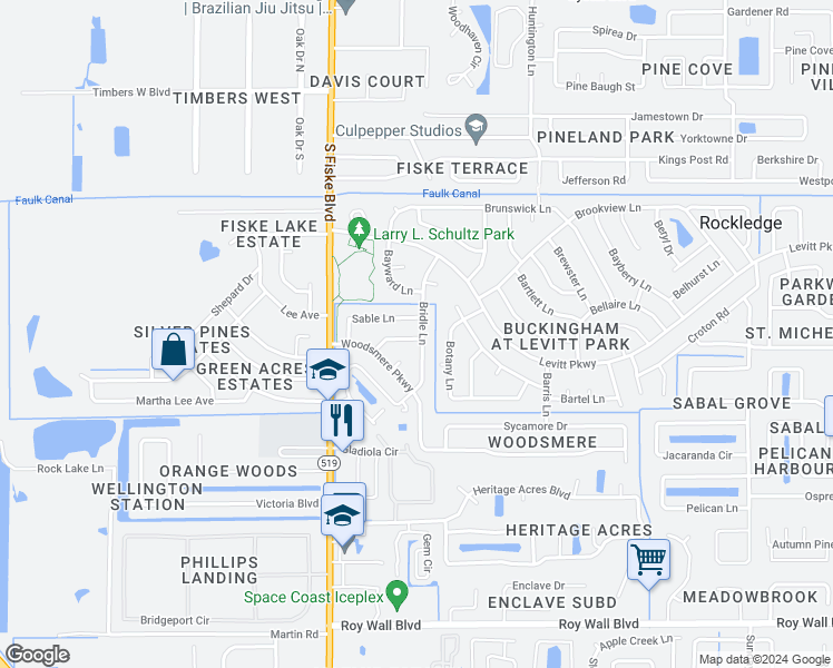 map of restaurants, bars, coffee shops, grocery stores, and more near 949 Sandlewood Lane in Rockledge