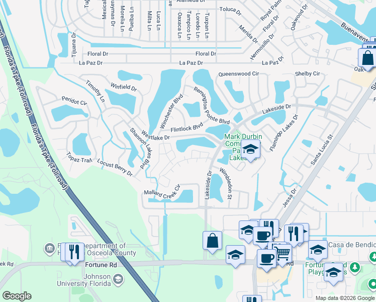map of restaurants, bars, coffee shops, grocery stores, and more near 2157 Cypress Bay Boulevard in Kissimmee
