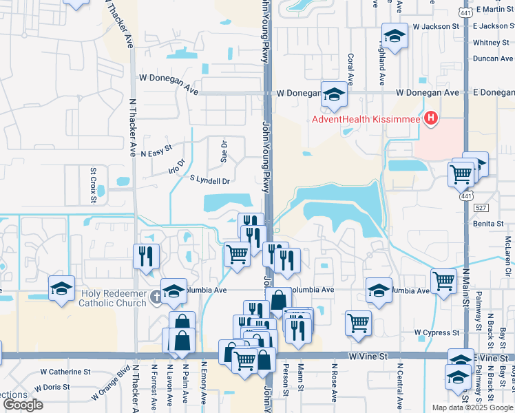 map of restaurants, bars, coffee shops, grocery stores, and more near 1205 Bermuda Lakes Lane in Kissimmee