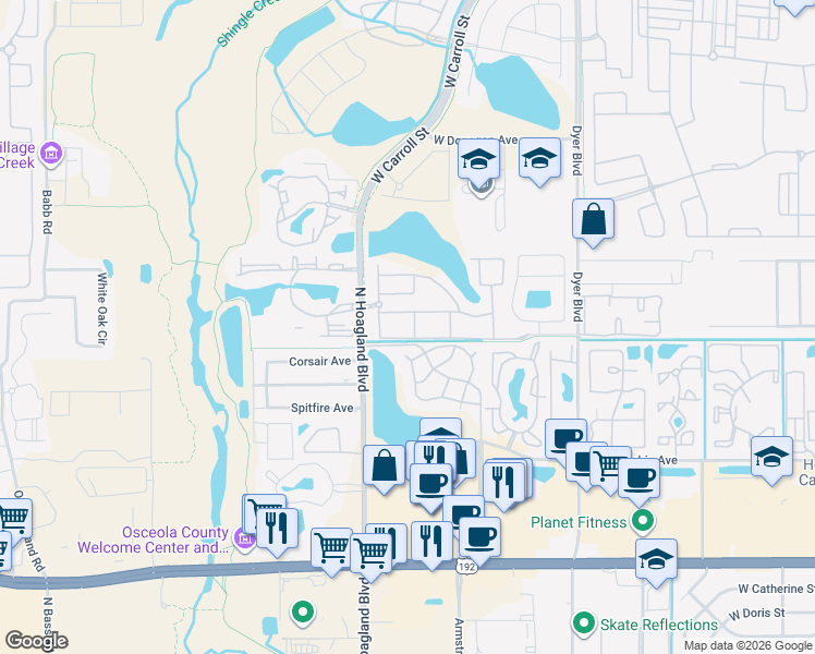 map of restaurants, bars, coffee shops, grocery stores, and more near 4007 Venetian Bay Drive in Kissimmee