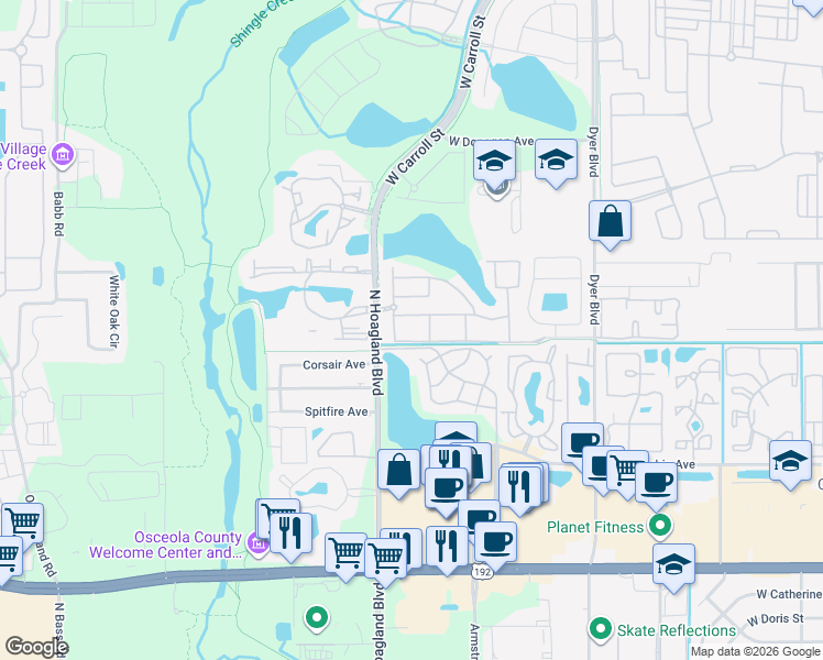 map of restaurants, bars, coffee shops, grocery stores, and more near 4007 Venetian Bay Drive in Kissimmee