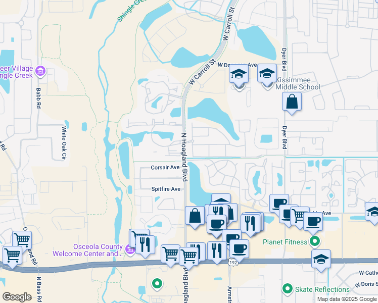 map of restaurants, bars, coffee shops, grocery stores, and more near 4007 Venetian Bay Drive in Kissimmee