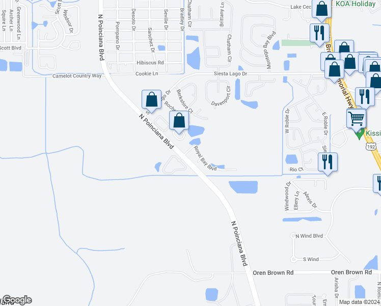 map of restaurants, bars, coffee shops, grocery stores, and more near 2048 Royal Bay Boulevard in Kissimmee