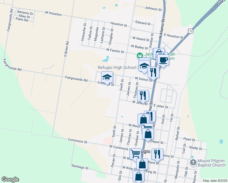 map of restaurants, bars, coffee shops, grocery stores, and more near 108 Haffey Road in Refugio