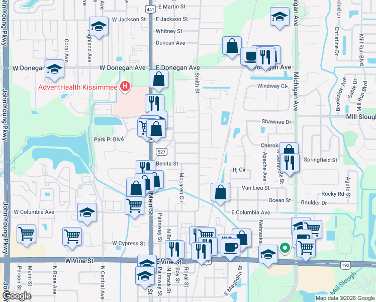 map of restaurants, bars, coffee shops, grocery stores, and more near 411 Tarpon Street in Kissimmee