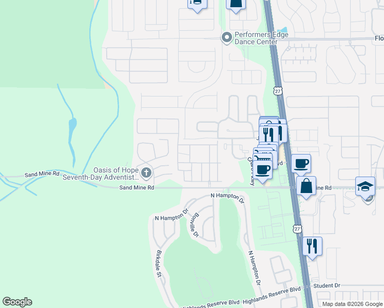 map of restaurants, bars, coffee shops, grocery stores, and more near 121 Napoli Drive in Davenport