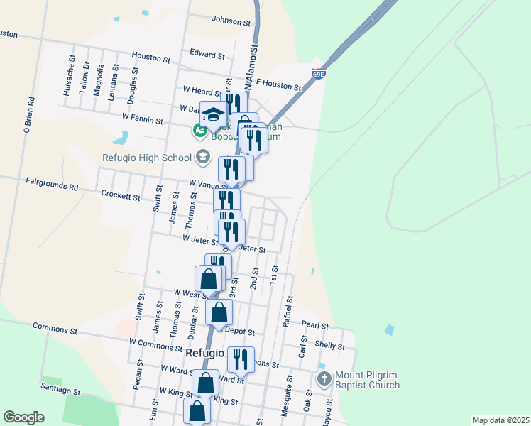 map of restaurants, bars, coffee shops, grocery stores, and more near 701 2nd Street in Refugio
