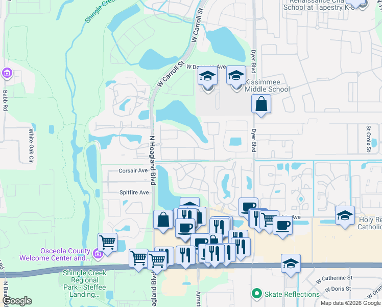 map of restaurants, bars, coffee shops, grocery stores, and more near 2200 San Zanobi Drive in Kissimmee