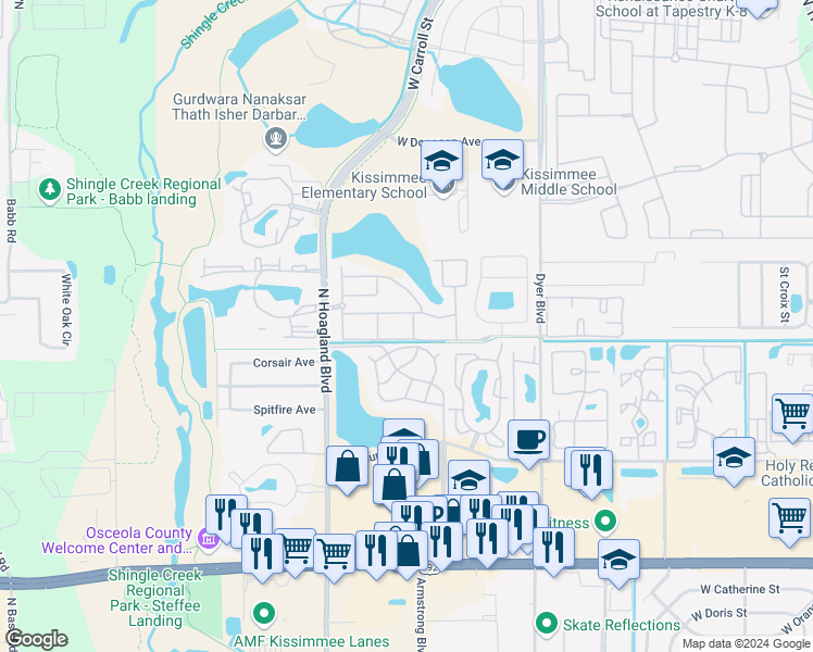 map of restaurants, bars, coffee shops, grocery stores, and more near 2200 San Zanobi Drive in Kissimmee