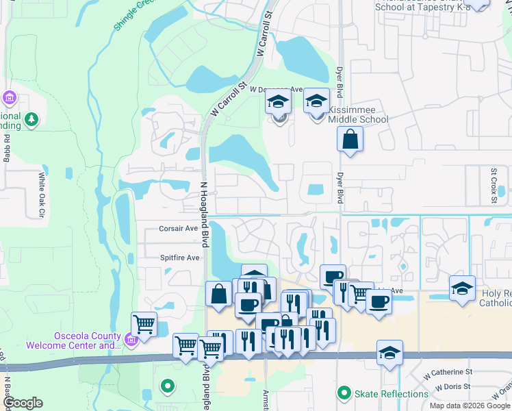 map of restaurants, bars, coffee shops, grocery stores, and more near 4015 Venetian Bay Drive in Kissimmee