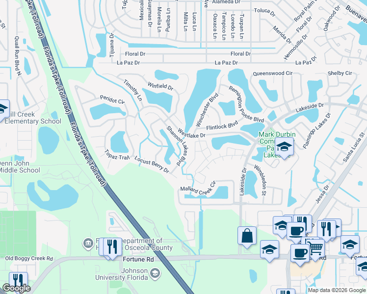 map of restaurants, bars, coffee shops, grocery stores, and more near 2072 Shannon Lakes Boulevard in Kissimmee