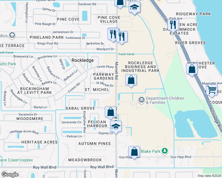 map of restaurants, bars, coffee shops, grocery stores, and more near 817 Honeysuckle Drive in Rockledge