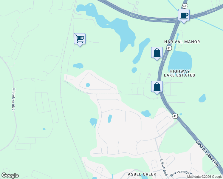 map of restaurants, bars, coffee shops, grocery stores, and more near 17663 Turning Leaf Circle in Land O' Lakes