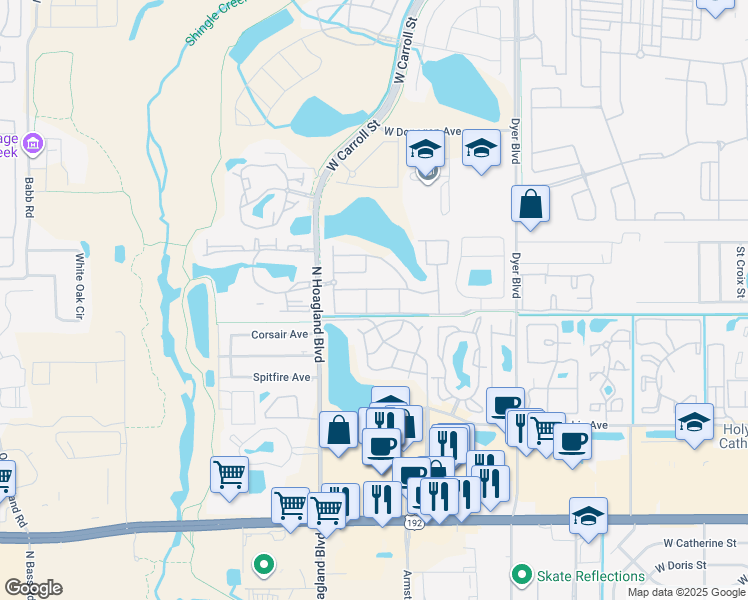 map of restaurants, bars, coffee shops, grocery stores, and more near 4015 Venetian Bay Drive in Kissimmee