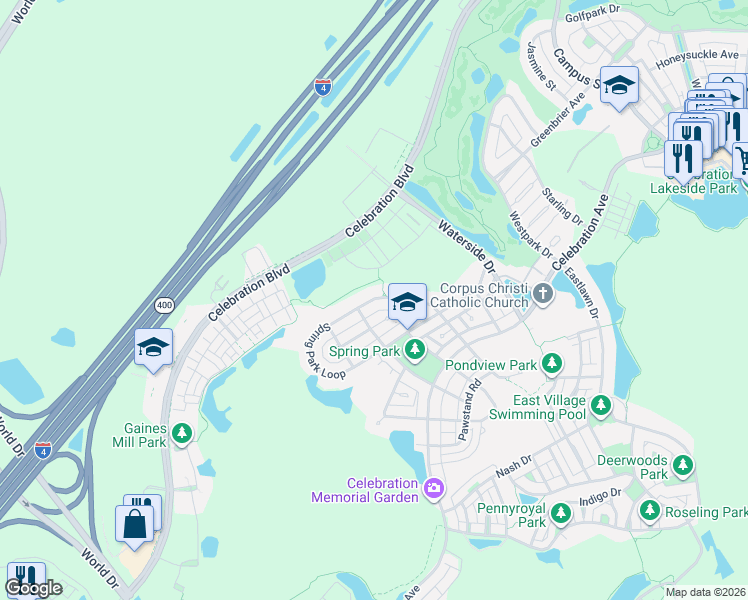 map of restaurants, bars, coffee shops, grocery stores, and more near 926 Spring Park Loop in Kissimmee