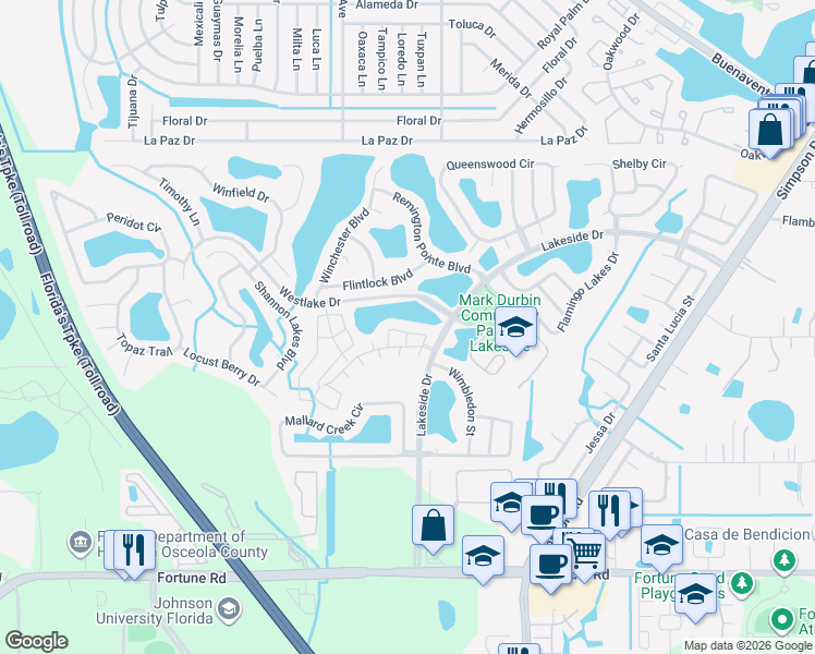 map of restaurants, bars, coffee shops, grocery stores, and more near 2177 Cypress Bay Boulevard in Kissimmee