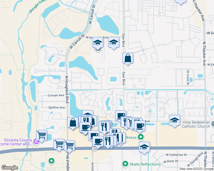 map of restaurants, bars, coffee shops, grocery stores, and more near 3458 Coach Light Drive in Kissimmee
