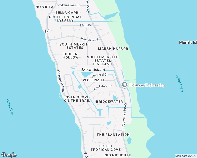 map of restaurants, bars, coffee shops, grocery stores, and more near 740 Watermill Drive in Merritt Island