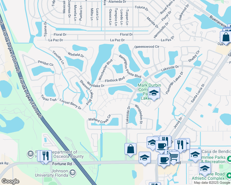 map of restaurants, bars, coffee shops, grocery stores, and more near 2157 Cypress Bay Boulevard in Kissimmee