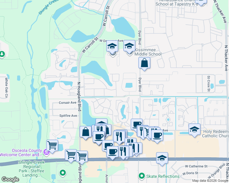 map of restaurants, bars, coffee shops, grocery stores, and more near 3458 Coach Light Drive in Kissimmee