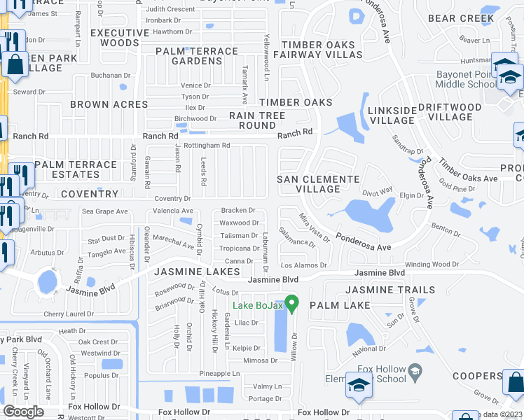 map of restaurants, bars, coffee shops, grocery stores, and more near 7918 Bracken Drive in Port Richey