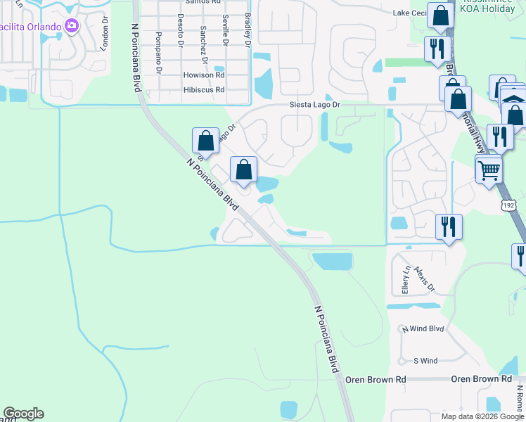 map of restaurants, bars, coffee shops, grocery stores, and more near 2048 Royal Bay Boulevard in Kissimmee