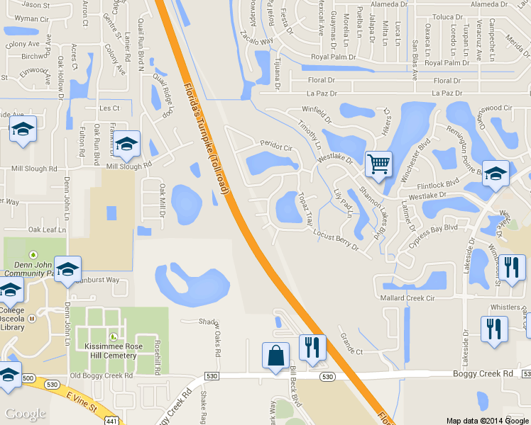 map of restaurants, bars, coffee shops, grocery stores, and more near 1801 Karat Court in Kissimmee