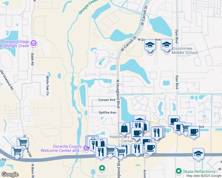 map of restaurants, bars, coffee shops, grocery stores, and more near 2203 Key West Court in Kissimmee