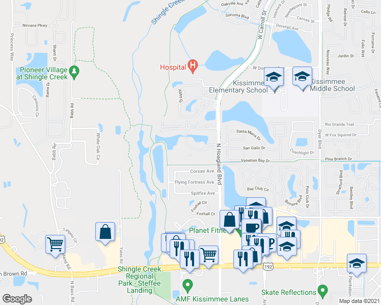 map of restaurants, bars, coffee shops, grocery stores, and more near 2207 Antigua Place in Kissimmee