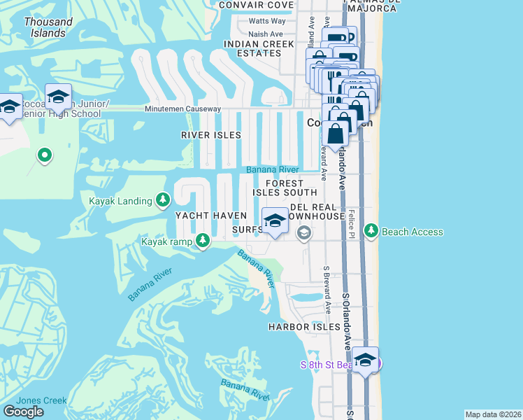 map of restaurants, bars, coffee shops, grocery stores, and more near 29 Riverview Lane in Cocoa Beach