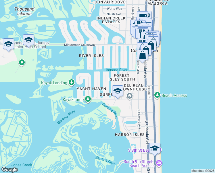 map of restaurants, bars, coffee shops, grocery stores, and more near 34 Westview Lane in Cocoa Beach