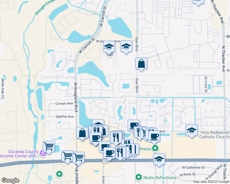 map of restaurants, bars, coffee shops, grocery stores, and more near 3458 Coach Light Drive in Kissimmee