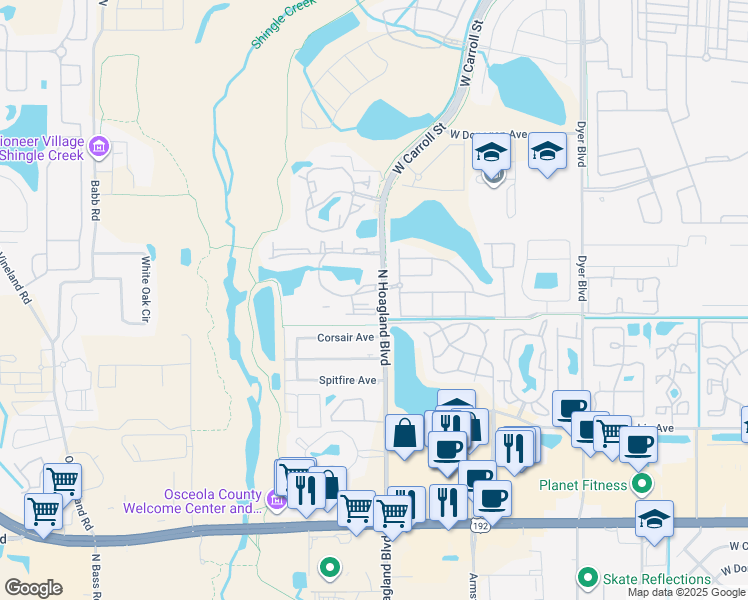 map of restaurants, bars, coffee shops, grocery stores, and more near 2203 Key West Court in Kissimmee