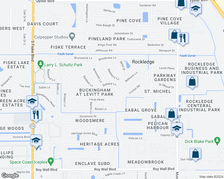 map of restaurants, bars, coffee shops, grocery stores, and more near 965 Bucknell Place in Rockledge