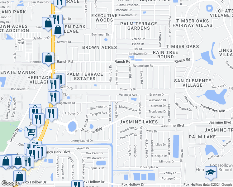 map of restaurants, bars, coffee shops, grocery stores, and more near 7513 Valencia Avenue in Port Richey