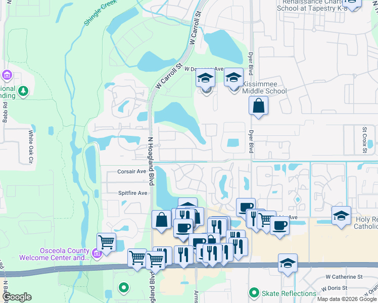 map of restaurants, bars, coffee shops, grocery stores, and more near 4015 Venetian Bay Drive in Kissimmee