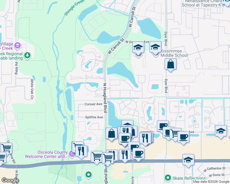 map of restaurants, bars, coffee shops, grocery stores, and more near 4007 Venetian Bay Drive in Kissimmee