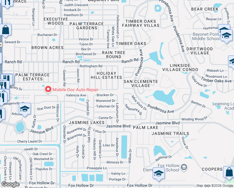 map of restaurants, bars, coffee shops, grocery stores, and more near 10638 Laburnum Drive in Port Richey