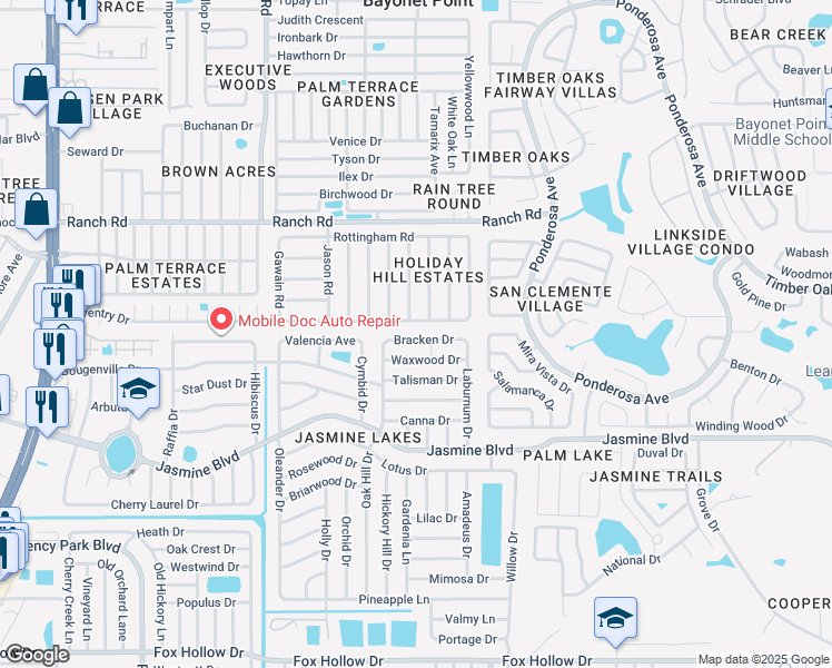 map of restaurants, bars, coffee shops, grocery stores, and more near 7821 Bracken Drive in Port Richey