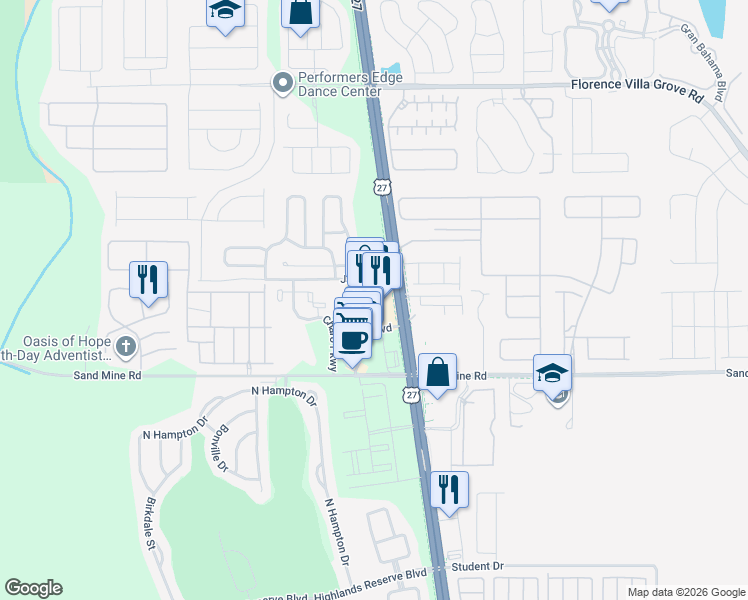 map of restaurants, bars, coffee shops, grocery stores, and more near Ambersweet Way in Davenport