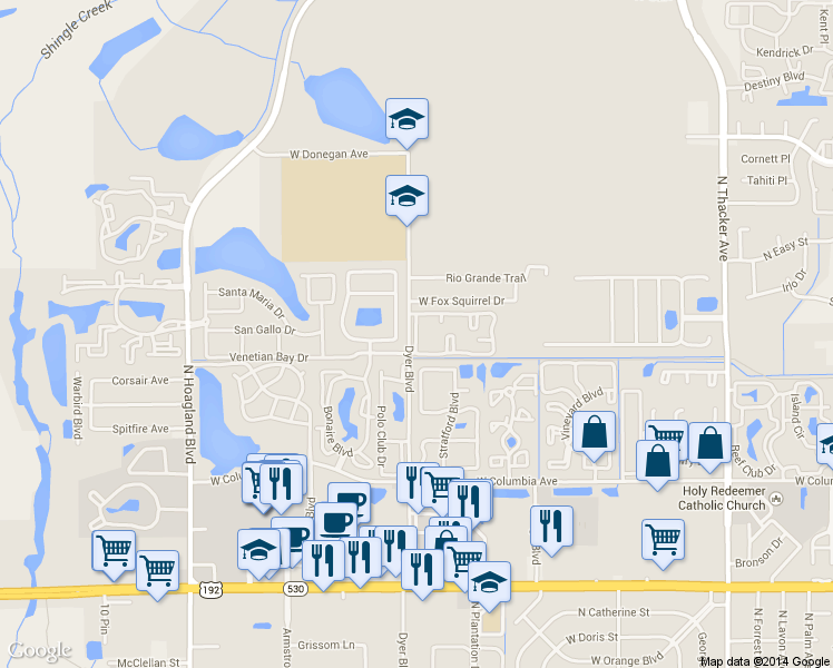 map of restaurants, bars, coffee shops, grocery stores, and more near 3201 Pine Branch Drive in Kissimmee