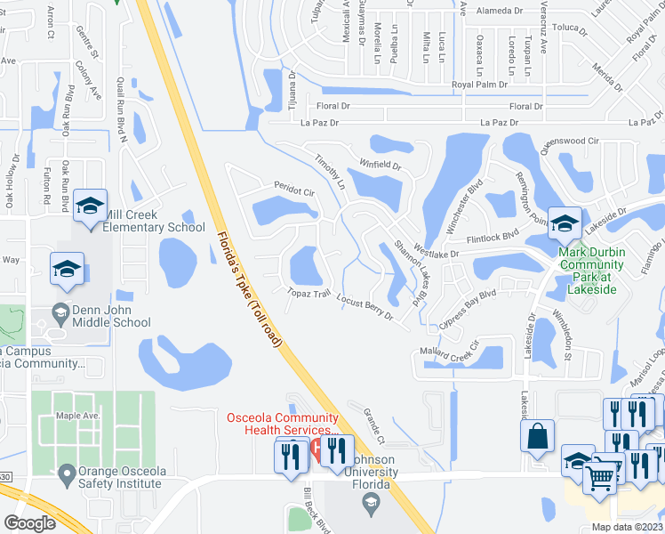 map of restaurants, bars, coffee shops, grocery stores, and more near 2370 Topaz Trail in Kissimmee