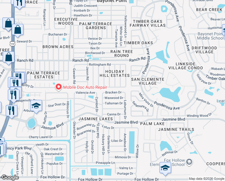 map of restaurants, bars, coffee shops, grocery stores, and more near 7827 Bracken Drive in Port Richey
